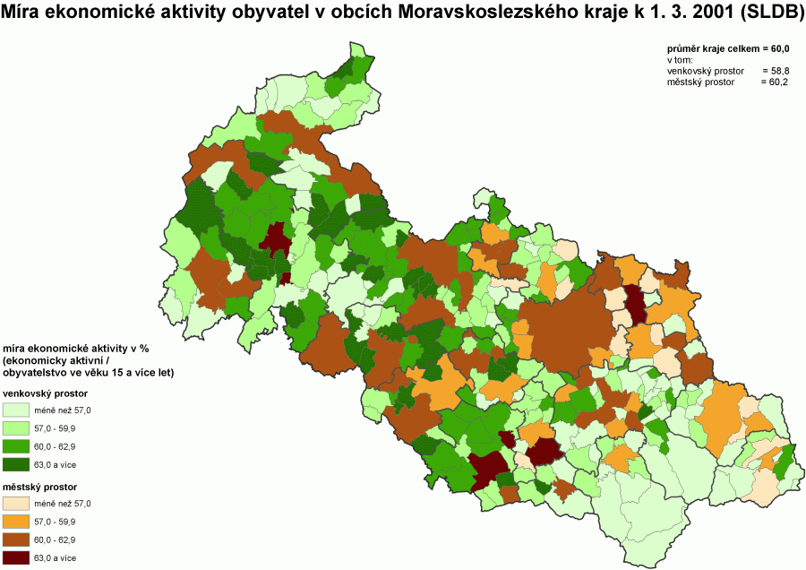 Kartogram 6. Míra ekonomické aktivity v obcích Moravskoslezského kraje k 1. 3. 2001 (SLDB)